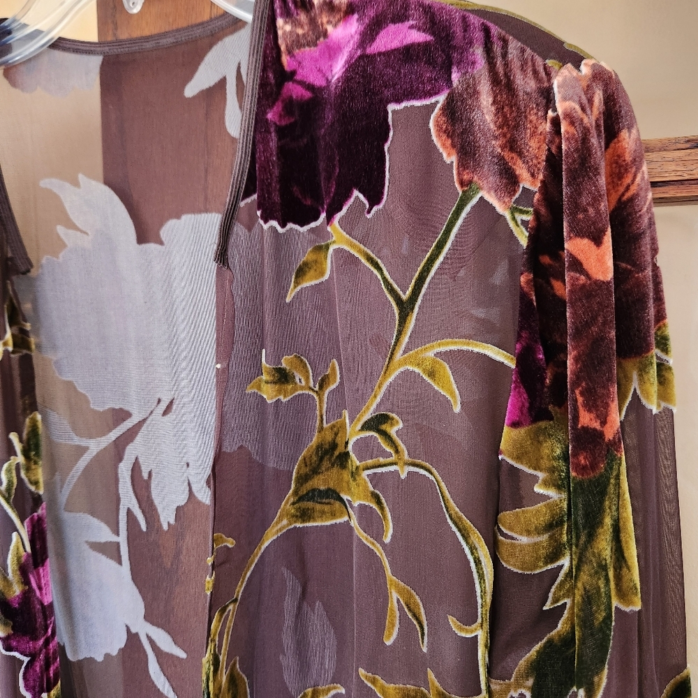 Sheer Brown Kimono with Velvet Floral Applique Size XL - Excellent Vinta…